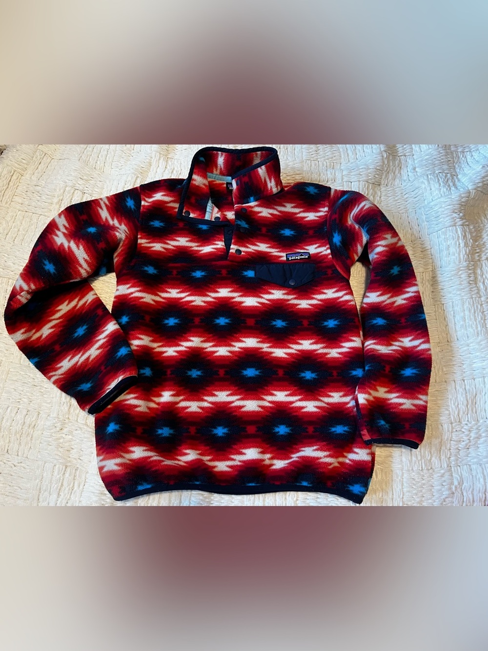 Patagonia Synchilla Red, Navy & White Aztec Geometric Snap-T Pullover